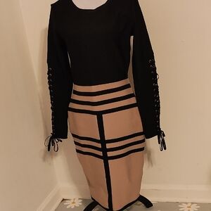 Venus Elegant Black and Tan bandage dress  black Stripe detailing